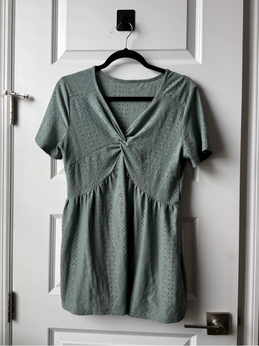 Knot Front Eyelet Tunic Top - Sage Green